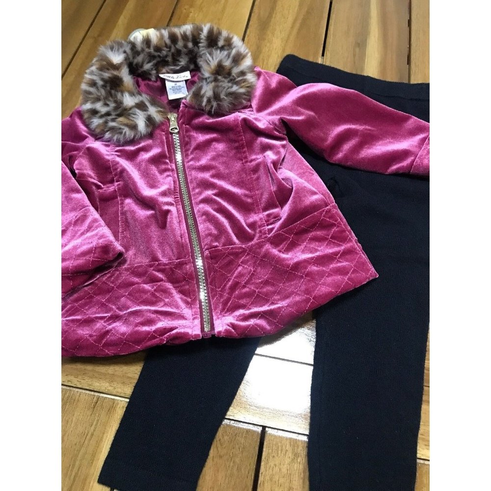 Little Lass 2 Piece Set Outfit Pink Long Sleeve Fur Collar Jacket  & Leggings 2T